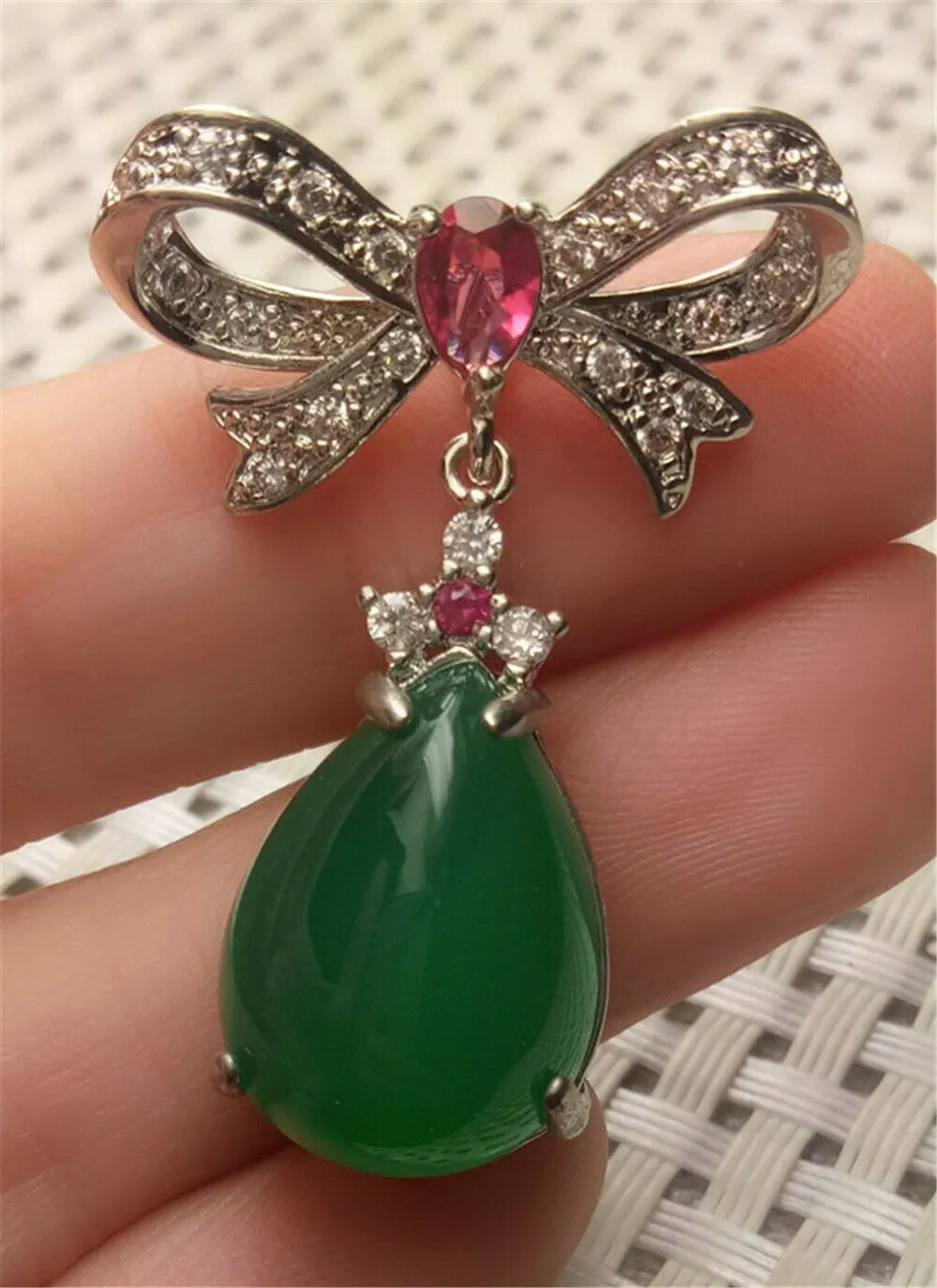 10% OFF- Certified Natural Emerald A*Jade Handcrafted Lucky Green Jade Ribbon Pendant-925 Sterling Silver A0195