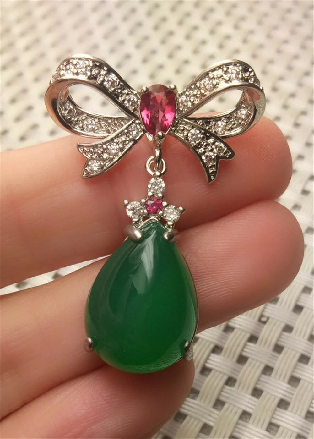 10% OFF- Certified Natural Emerald A*Jade Handcrafted Lucky Green Jade Ribbon Pendant-925 Sterling Silver A0195