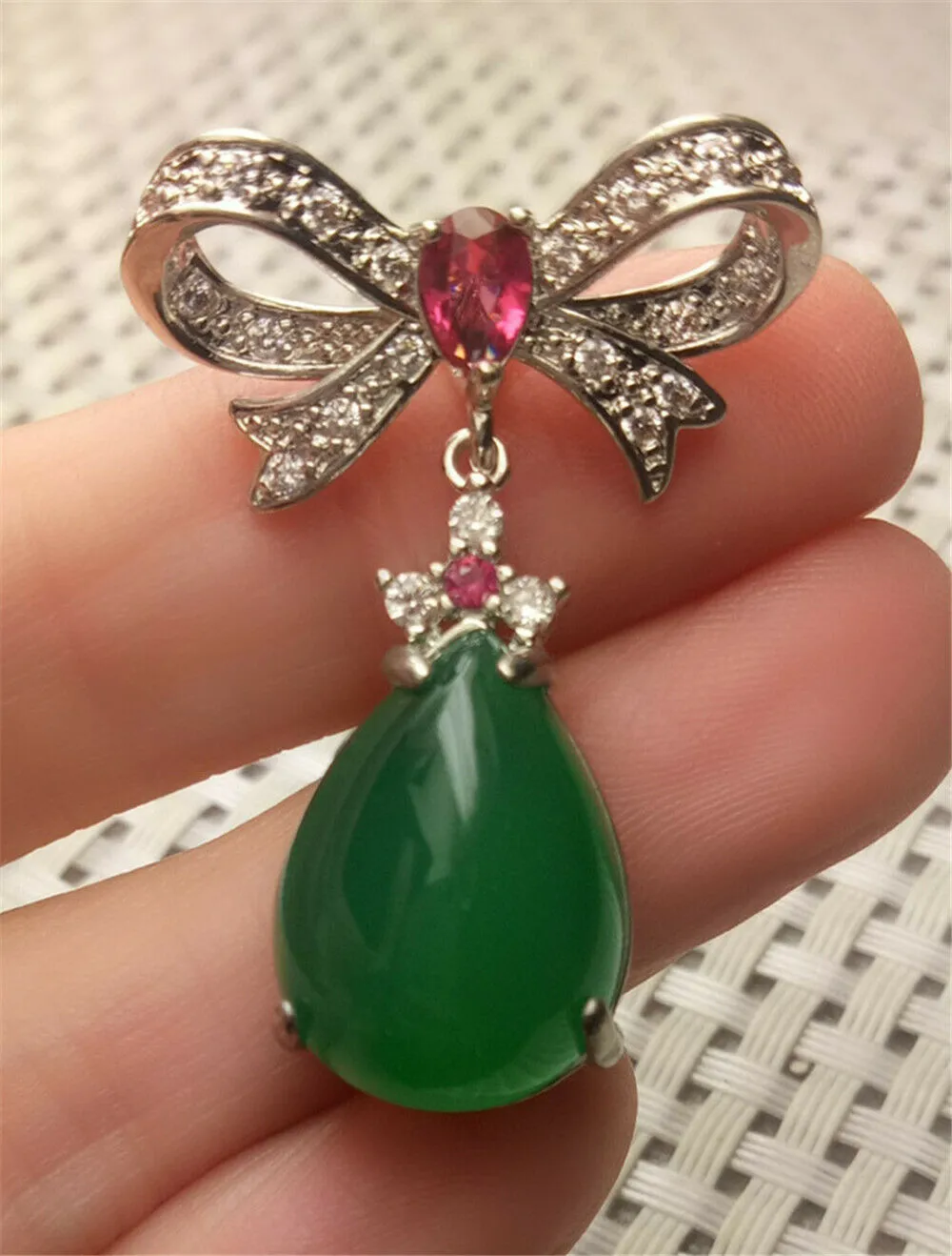 10% OFF- Certified Natural Emerald A*Jade Handcrafted Lucky Green Jade Ribbon Pendant-925 Sterling Silver A0195