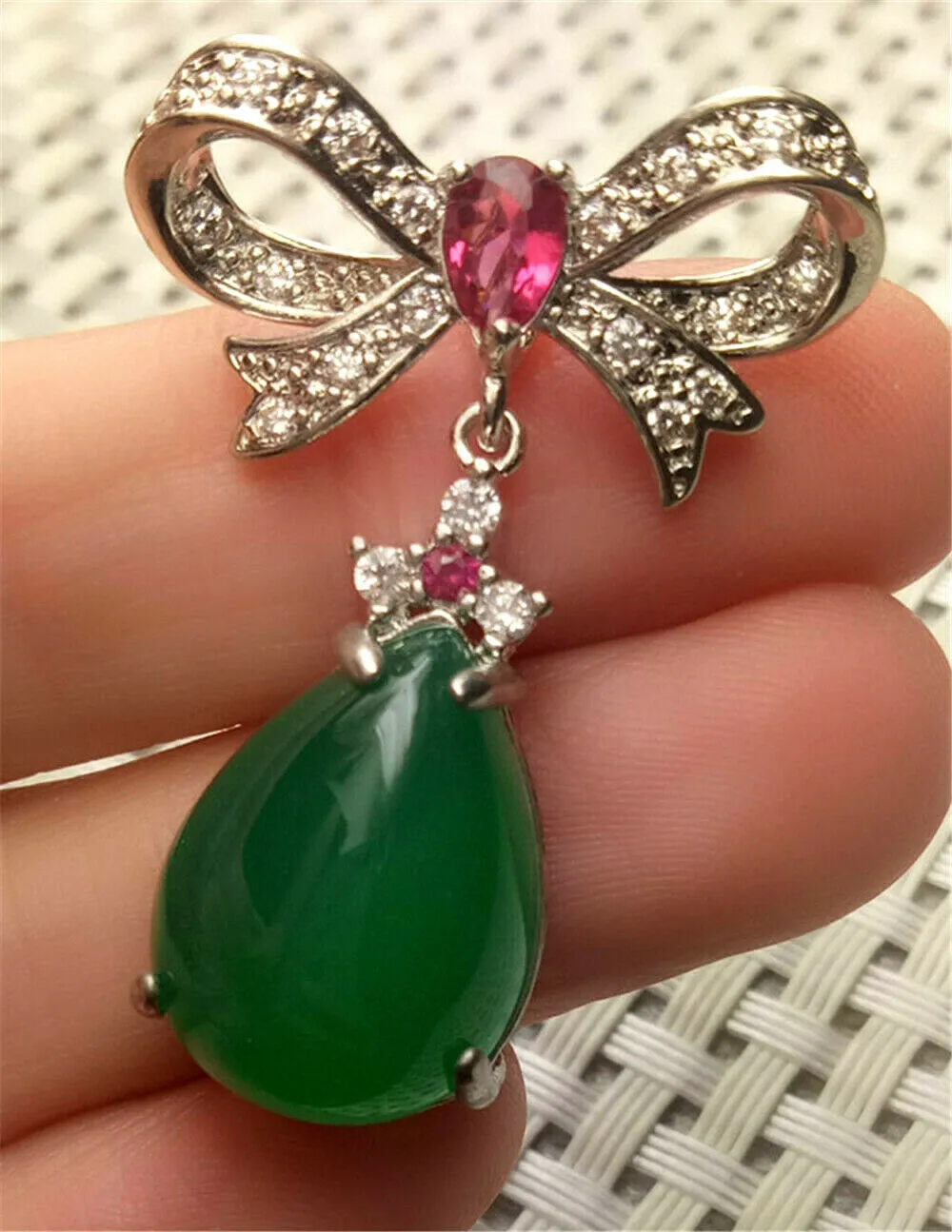 10% OFF- Certified Natural Emerald A*Jade Handcrafted Lucky Green Jade Ribbon Pendant-925 Sterling Silver A0195