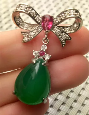 10% OFF- Certified Natural Emerald A*Jade Handcrafted Lucky Green Jade Ribbon Pendant-925 Sterling Silver A0195