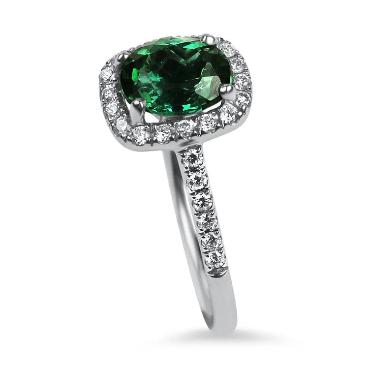 14k White Gold Oval Green Tourmaline and Diamond Halo Ring
