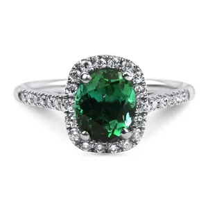 14k White Gold Oval Green Tourmaline and Diamond Halo Ring