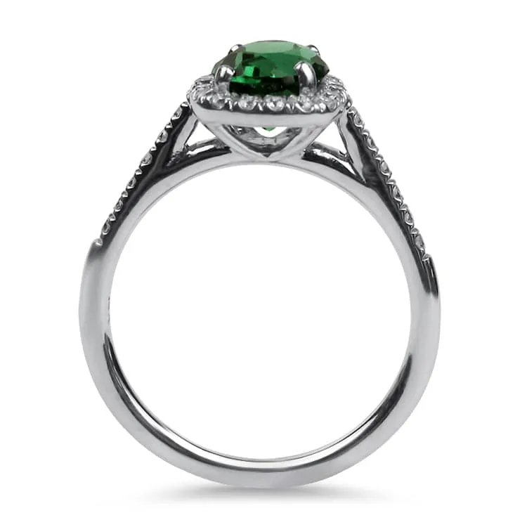 14k White Gold Oval Green Tourmaline and Diamond Halo Ring