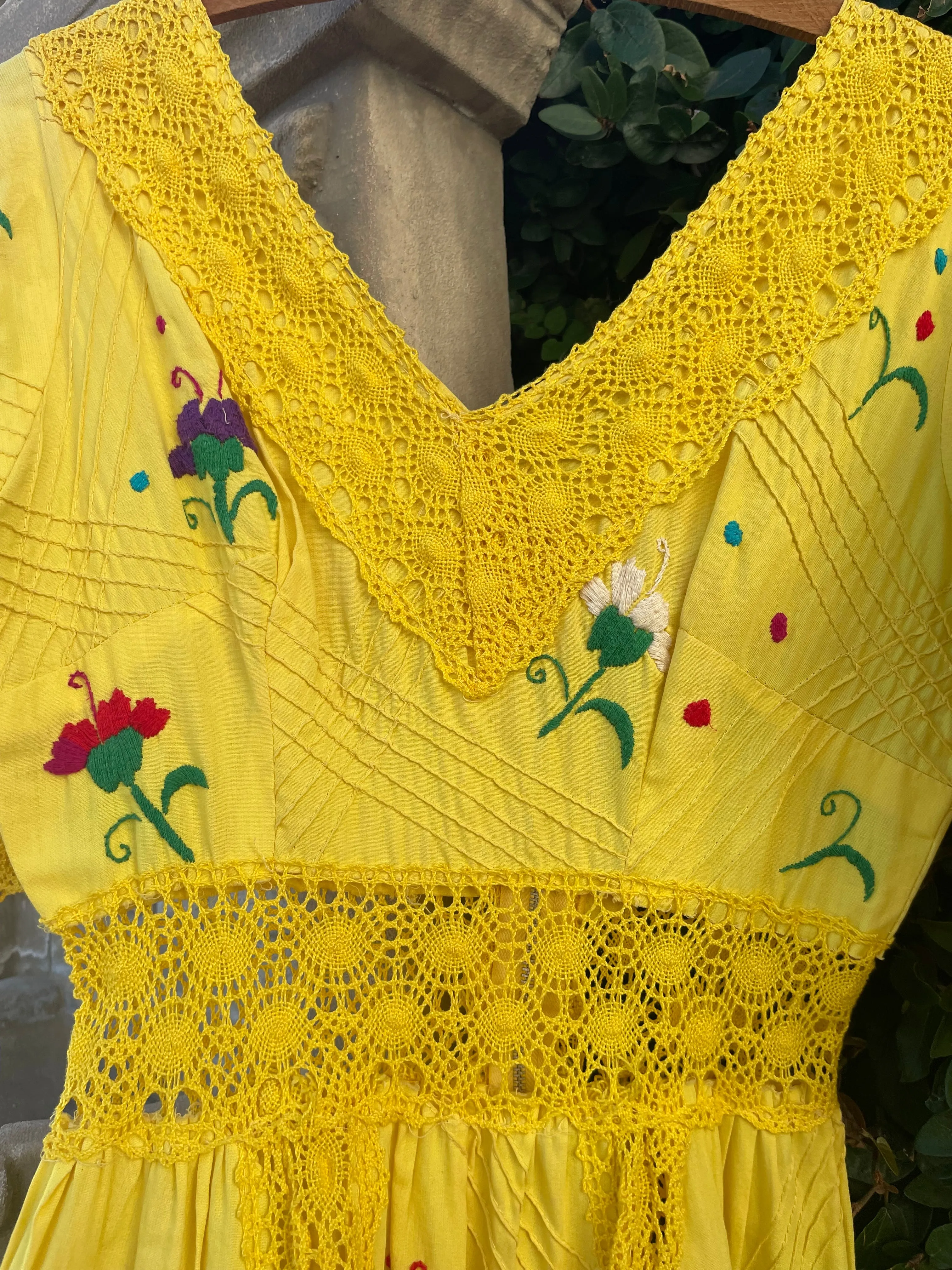 1970s Vibrant Yellow Embroidered Mexican Maxi Length Bell Sleeve Dress