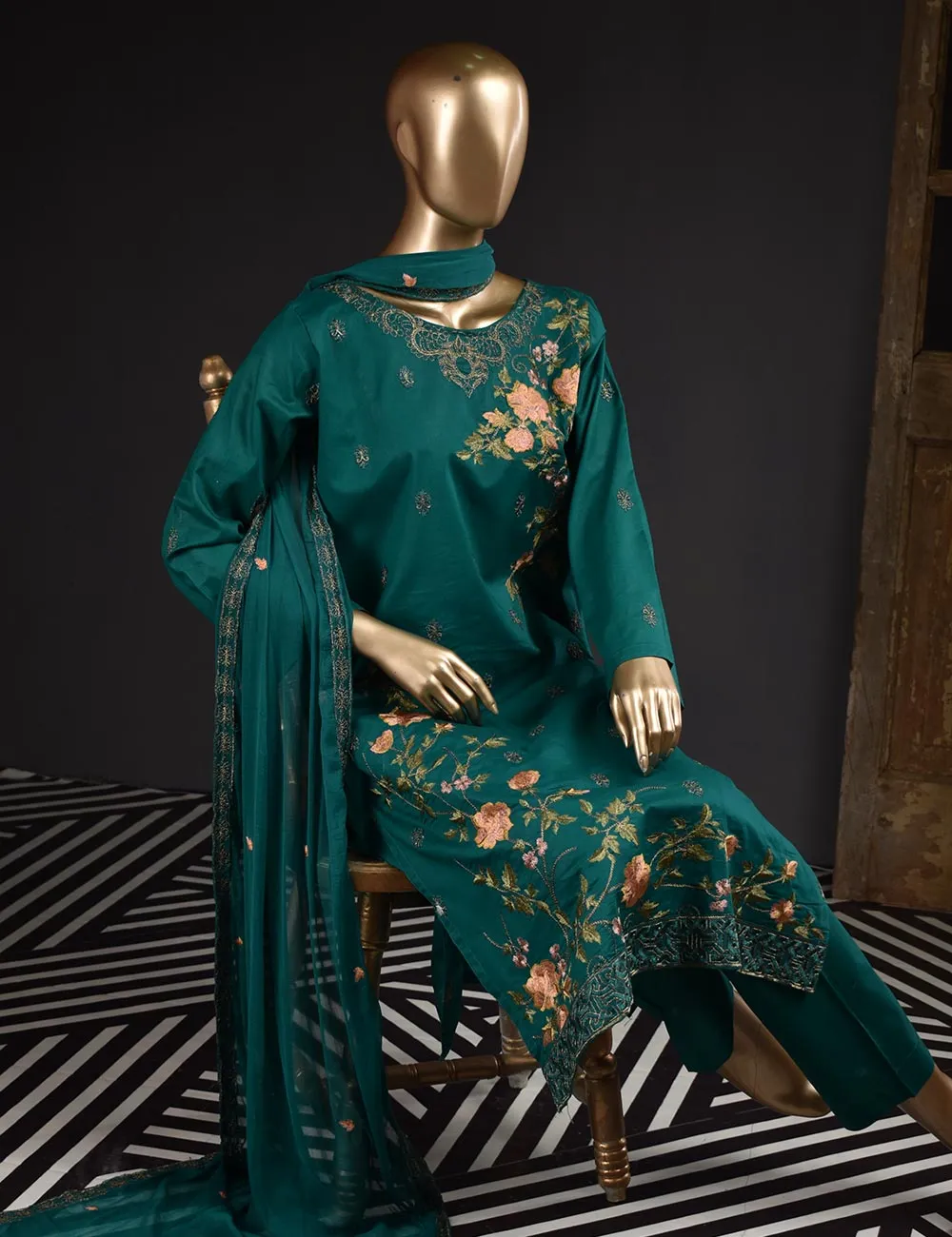 3 Pc Unstitched Embroidered Lawn Dress with Chiffon Embroidered Dupatta - Budapest (ZEB-1B)