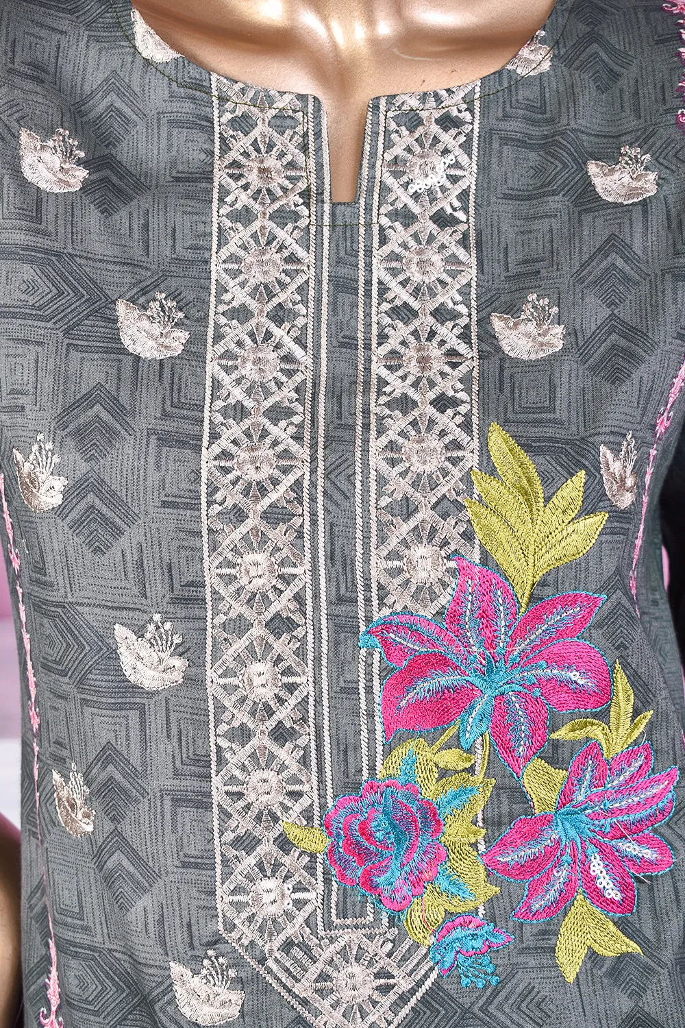 3 Pc Unstitched Embroidered Lawn Dress with Lawn Printed Dupatta & Embroidered Cotton Trouser - Citrine (ZLE-6A)