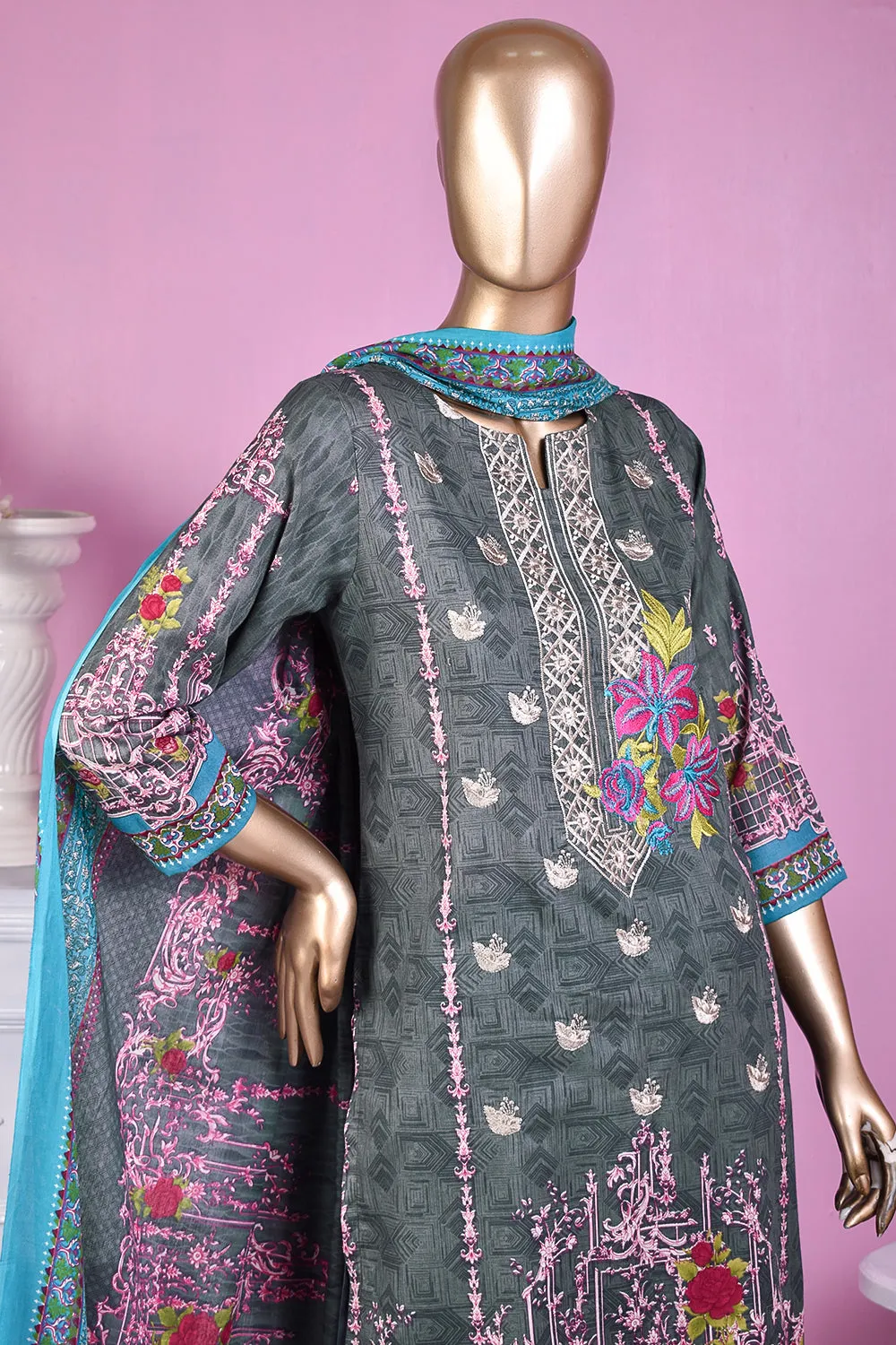 3 Pc Unstitched Embroidered Lawn Dress with Lawn Printed Dupatta & Embroidered Cotton Trouser - Citrine (ZLE-6A)