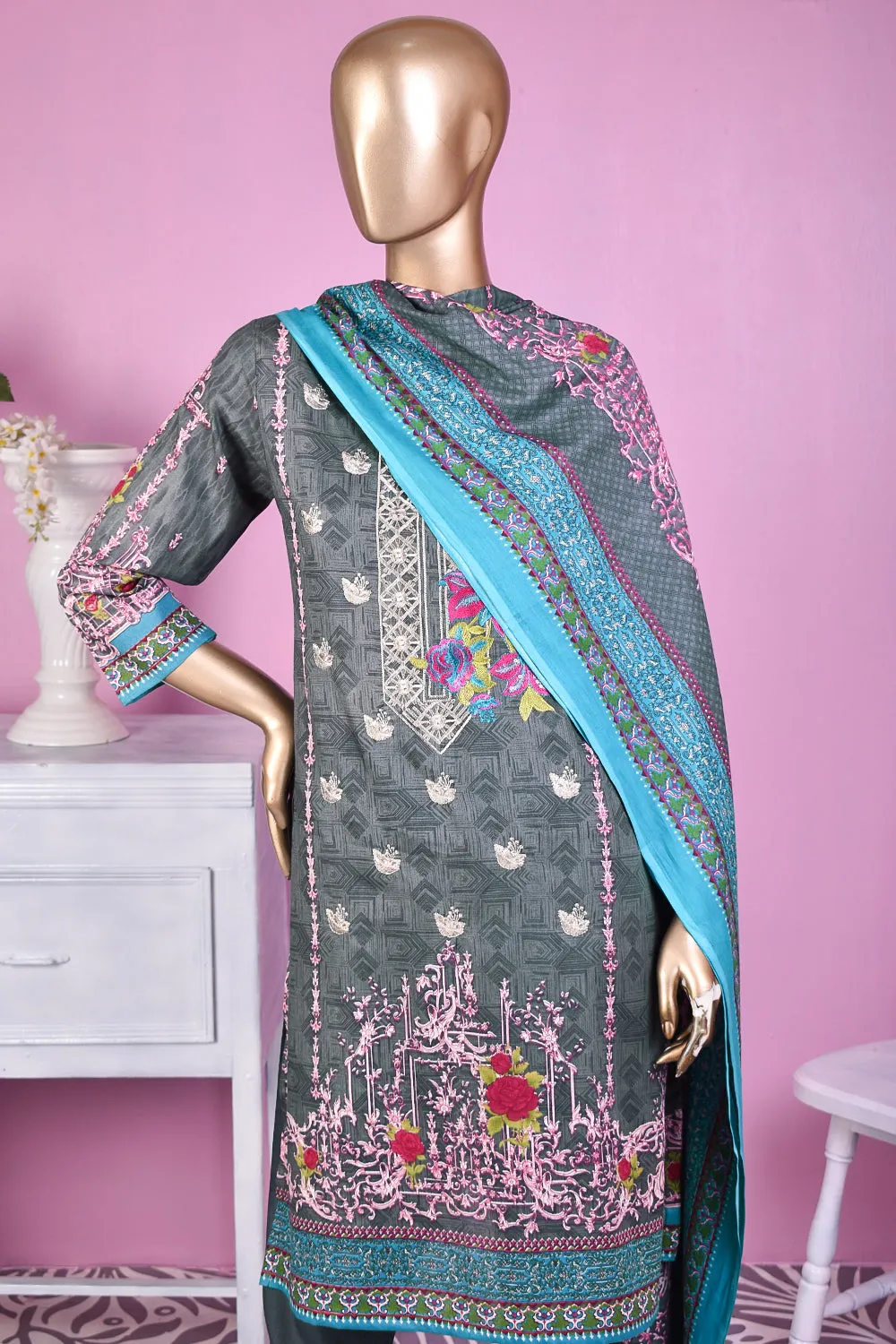 3 Pc Unstitched Embroidered Lawn Dress with Lawn Printed Dupatta & Embroidered Cotton Trouser - Citrine (ZLE-6A)