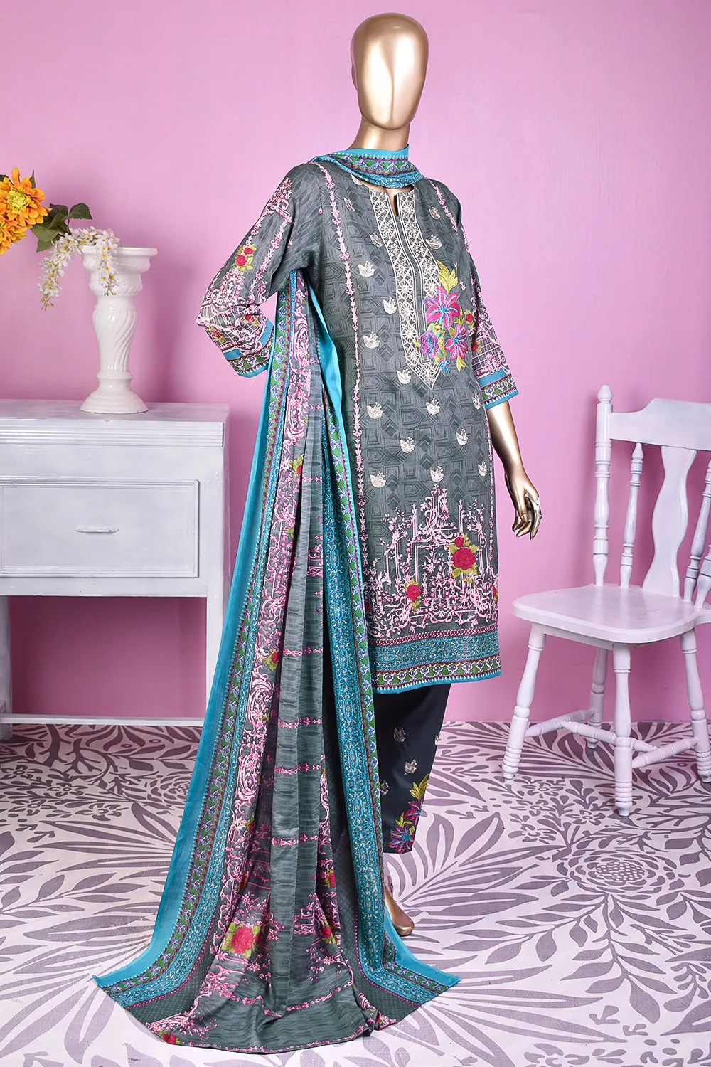 3 Pc Unstitched Embroidered Lawn Dress with Lawn Printed Dupatta & Embroidered Cotton Trouser - Citrine (ZLE-6A)