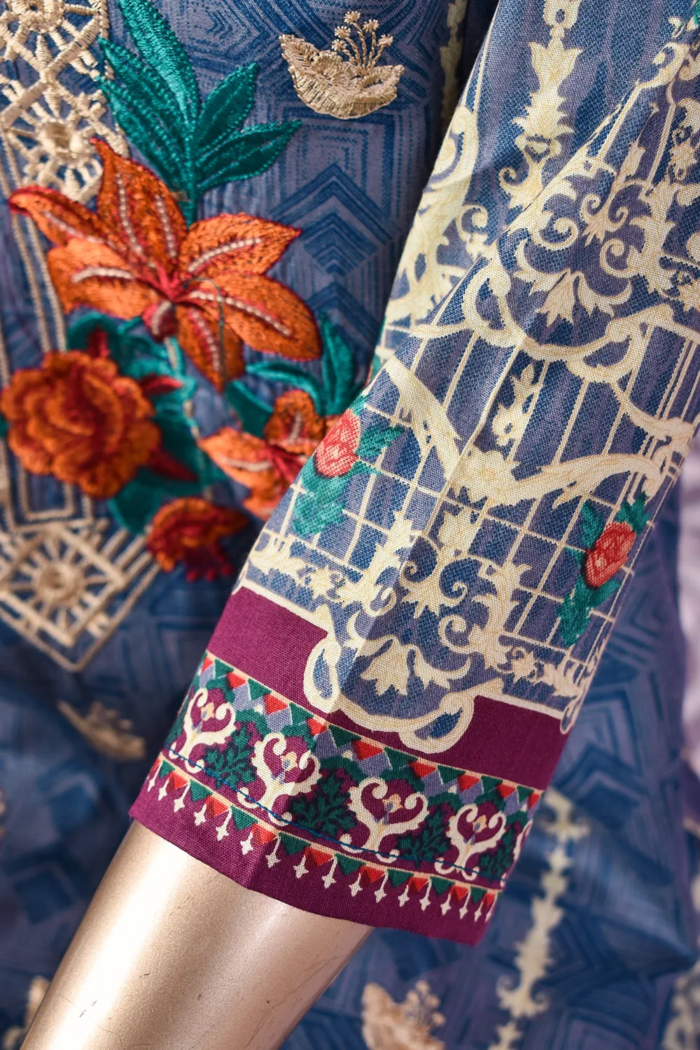 3 Pc Unstitched Embroidered Lawn Dress with Lawn Printed Dupatta & Embroidered Cotton Trouser - Citrine (ZLE-6B)