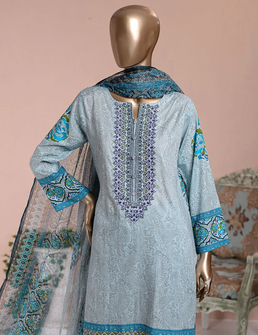3 Pc Unstitched Lawn Embroidered Dress with Net Dupatta - Pelagic Sea - (FE-01)