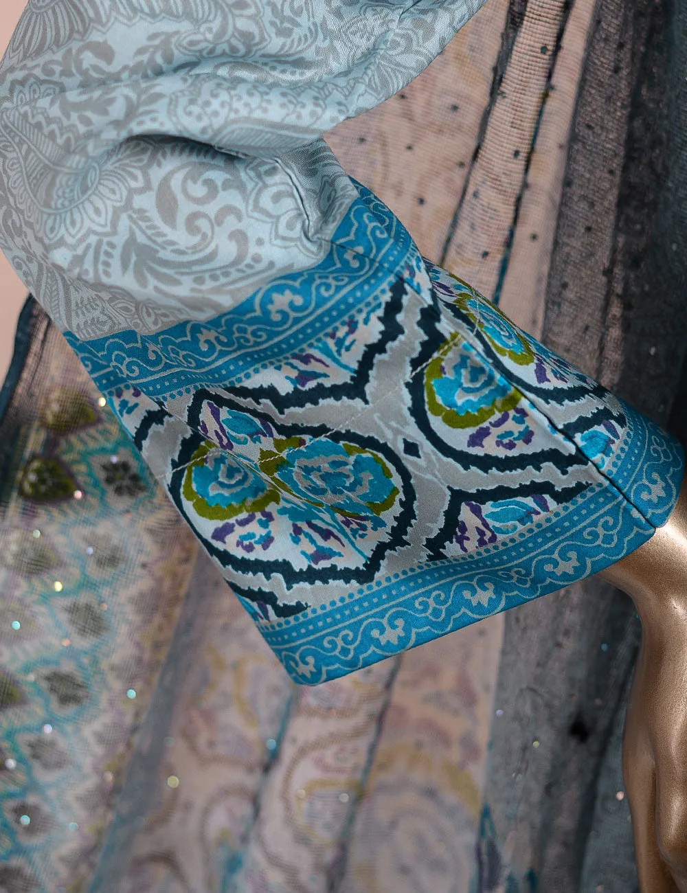 3 Pc Unstitched Lawn Embroidered Dress with Net Dupatta - Pelagic Sea - (FE-01)