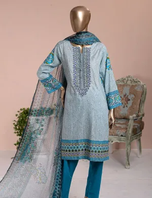 3 Pc Unstitched Lawn Embroidered Dress with Net Dupatta - Pelagic Sea - (FE-01)