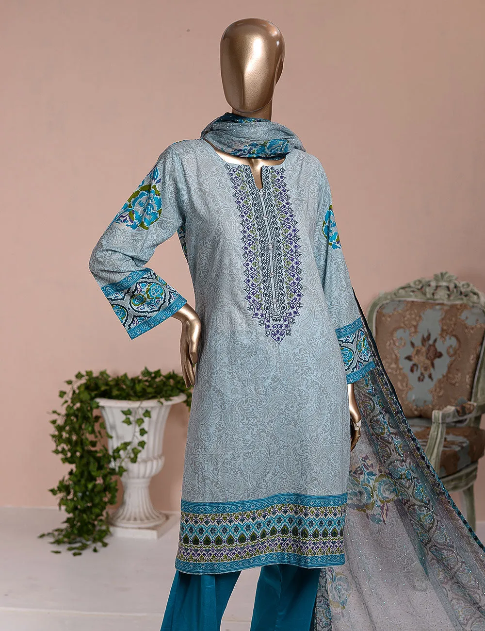 3 Pc Unstitched Lawn Embroidered Dress with Net Dupatta - Pelagic Sea - (FE-01)