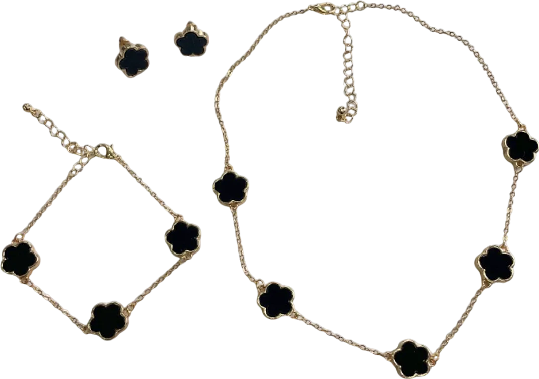 3-Piece Black Clover Necklace/Earrings/Bracelet Set in Tulle Gift Bag