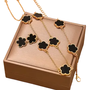 3-Piece Black Clover Necklace/Earrings/Bracelet Set in Tulle Gift Bag