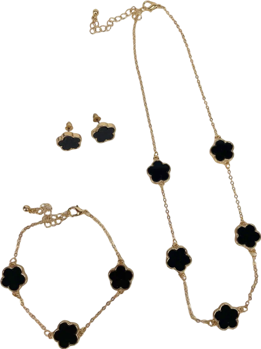 3-Piece Black Clover Necklace/Earrings/Bracelet Set in Tulle Gift Bag