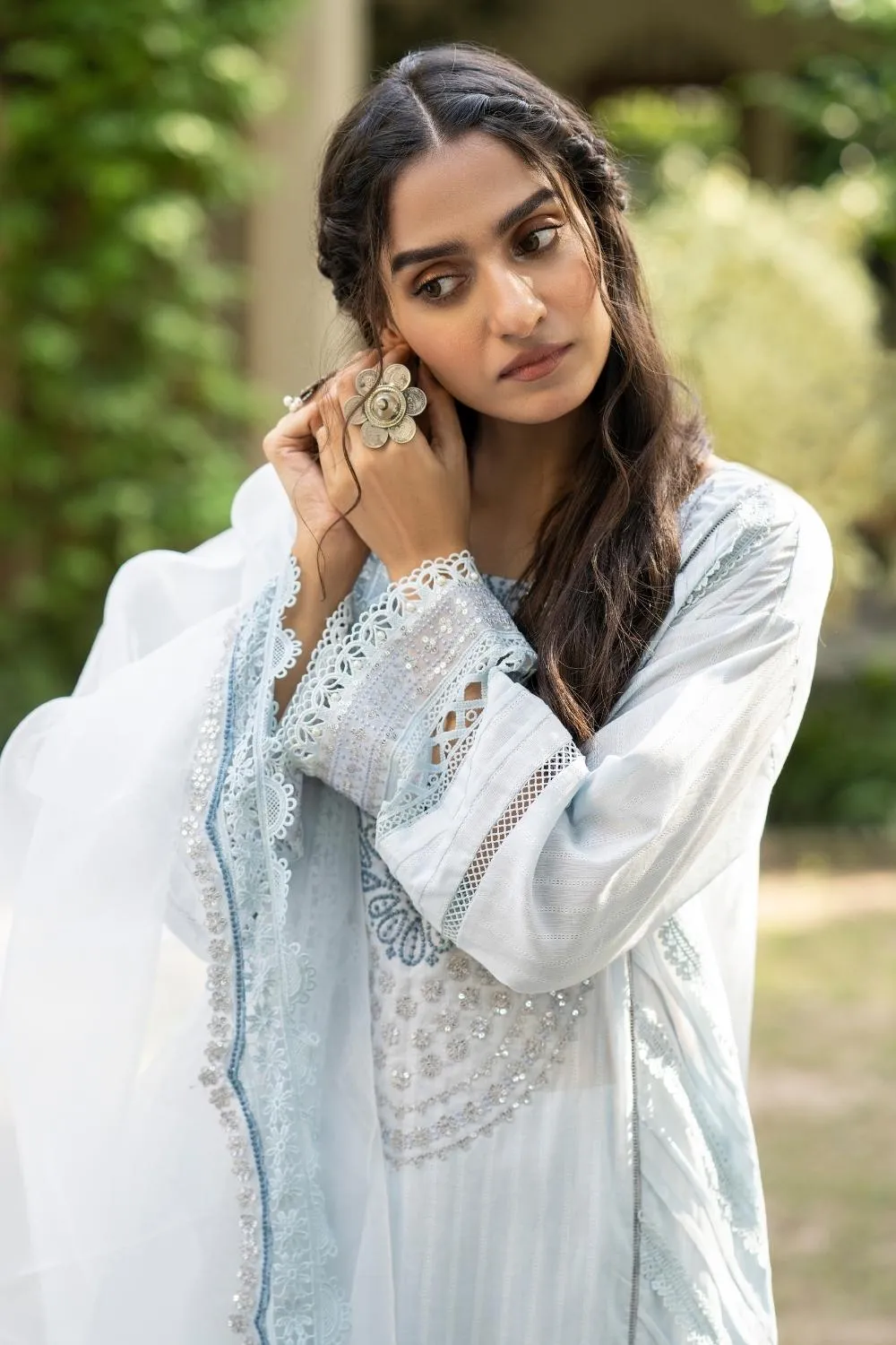3PC Unstitched | Embroidered  Jacquard Shirt   Organza Dupatta   Trouser