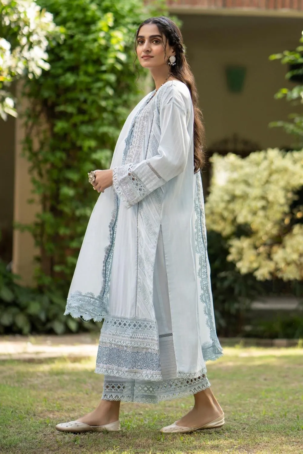 3PC Unstitched | Embroidered  Jacquard Shirt   Organza Dupatta   Trouser
