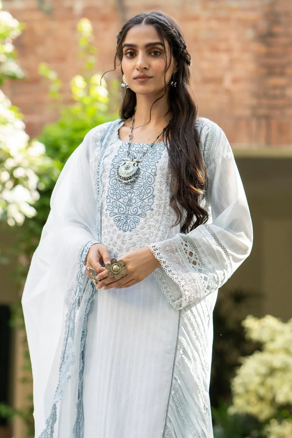 3PC Unstitched | Embroidered  Jacquard Shirt   Organza Dupatta   Trouser