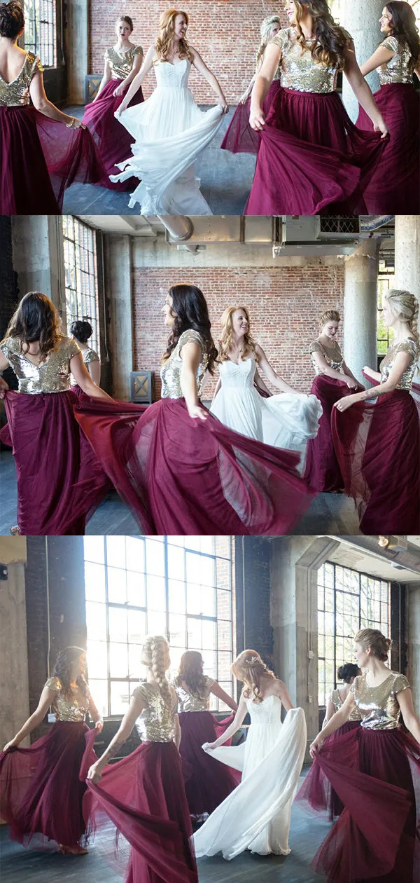 A-Line Round Neck Long Burgundy Bridesmaid Dress with Sequins, TYP1410
