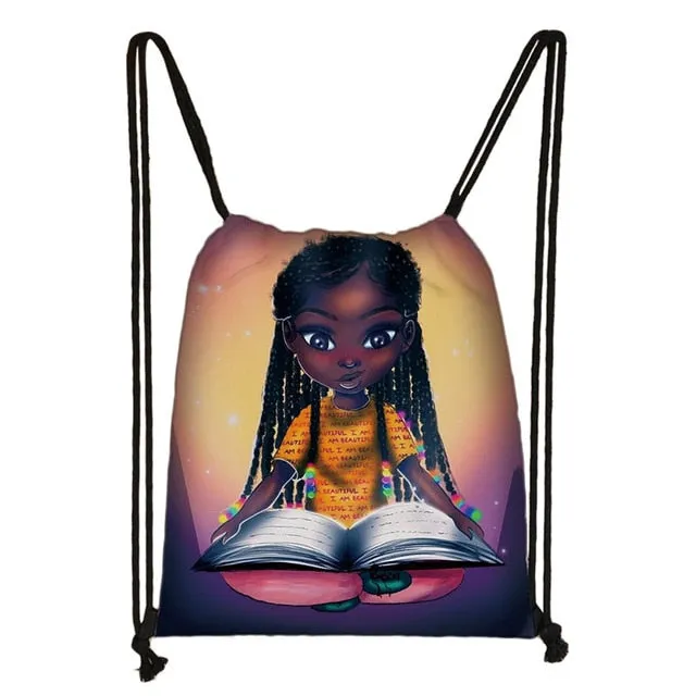 Afro Girls Print Drawstring Bag