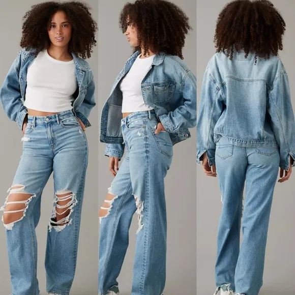 American Eagle AE 16 Blue Stretch Curvy Super High-Waisted Baggy Straight Jean