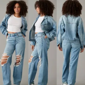 American Eagle AE 16 Blue Stretch Curvy Super High-Waisted Baggy Straight Jean