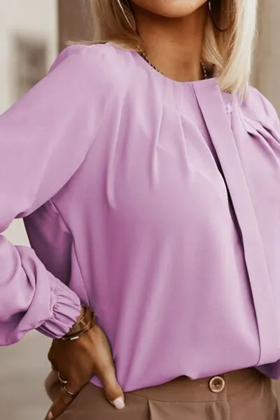Amora Button Up Round Neck Long Sleeve Shirt