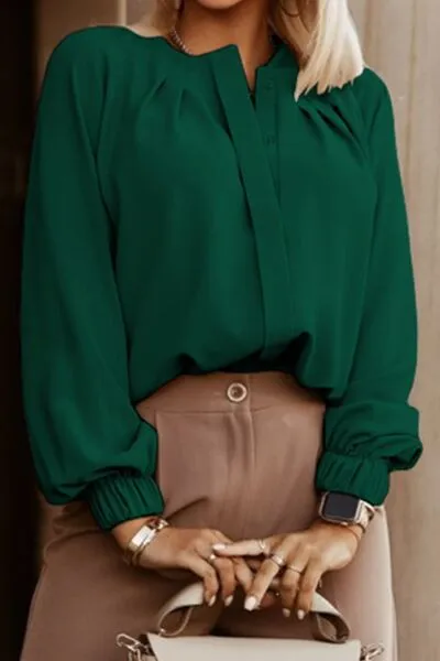 Amora Button Up Round Neck Long Sleeve Shirt