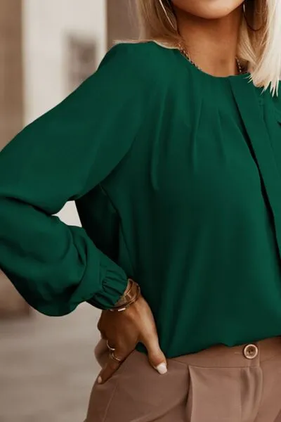 Amora Button Up Round Neck Long Sleeve Shirt