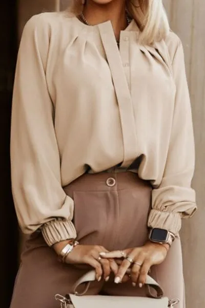 Amora Button Up Round Neck Long Sleeve Shirt
