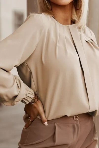 Amora Button Up Round Neck Long Sleeve Shirt
