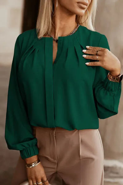 Amora Button Up Round Neck Long Sleeve Shirt