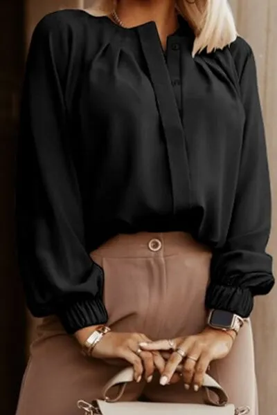 Amora Button Up Round Neck Long Sleeve Shirt