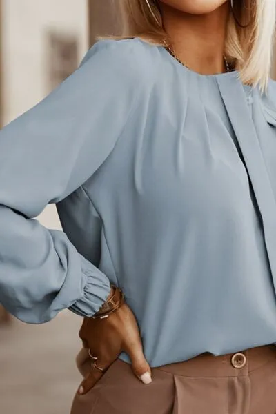 Amora Button Up Round Neck Long Sleeve Shirt