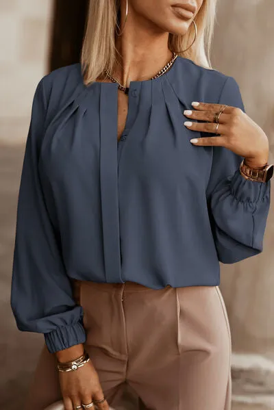 Amora Button Up Round Neck Long Sleeve Shirt
