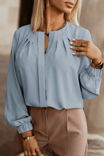 Amora Button Up Round Neck Long Sleeve Shirt
