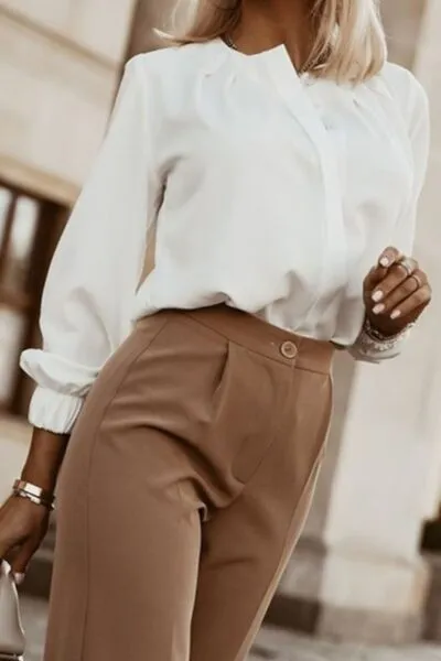 Amora Button Up Round Neck Long Sleeve Shirt