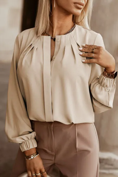 Amora Button Up Round Neck Long Sleeve Shirt