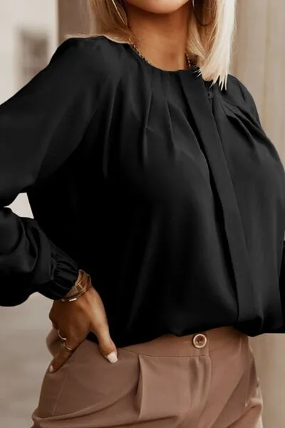 Amora Button Up Round Neck Long Sleeve Shirt