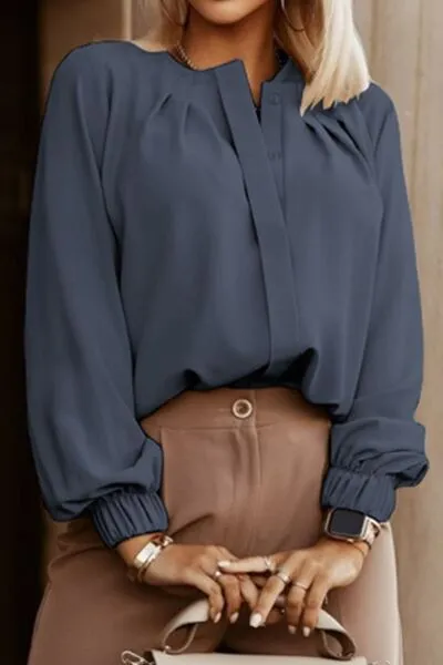 Amora Button Up Round Neck Long Sleeve Shirt