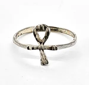 Ankh Key of Life Egyptian Revival vintage sterling silver etched ring size 8.5