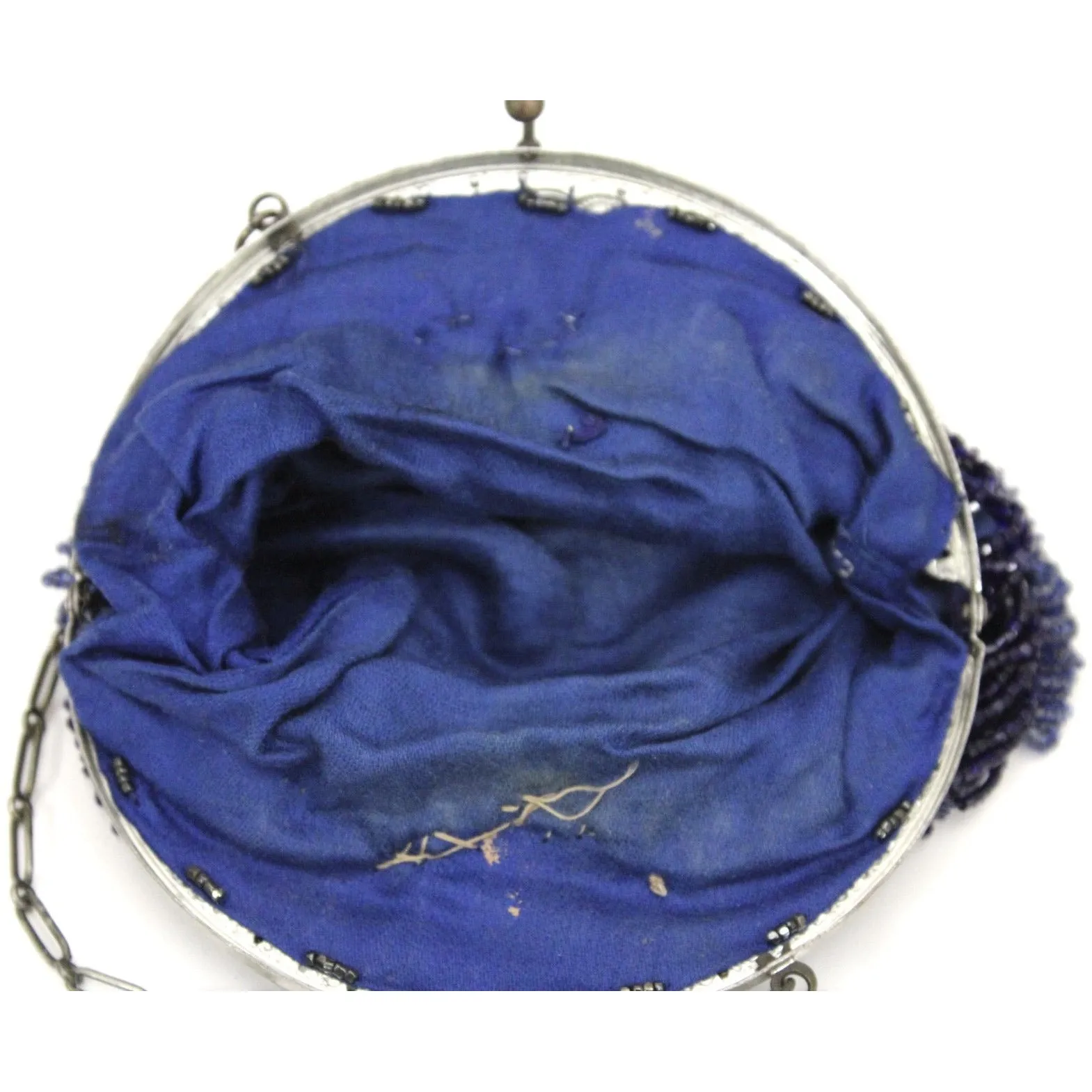Antique Beaded Round Purse Cobalt Blue Glass Beads Small Bag Ornate Silver Frame