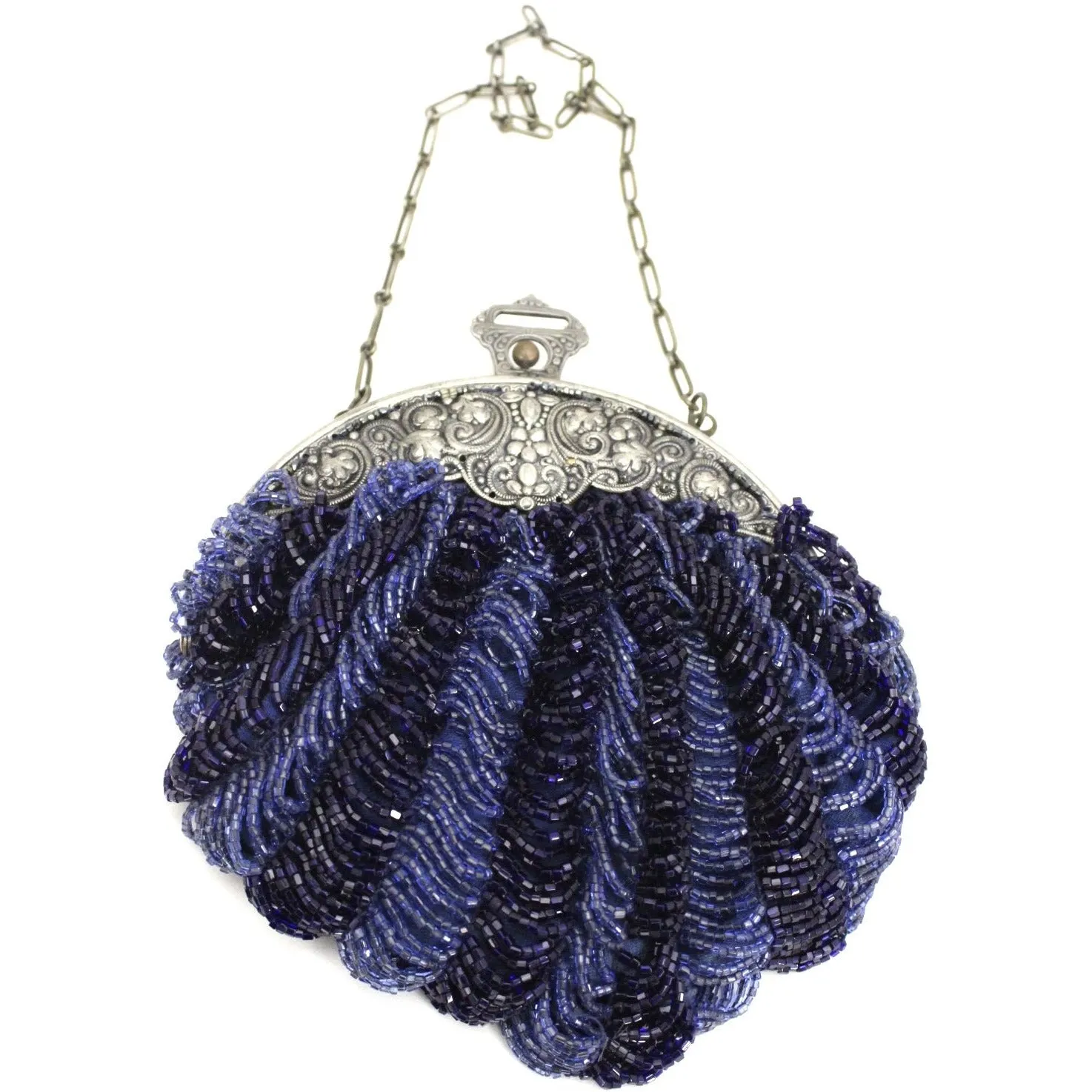 Antique Beaded Round Purse Cobalt Blue Glass Beads Small Bag Ornate Silver Frame