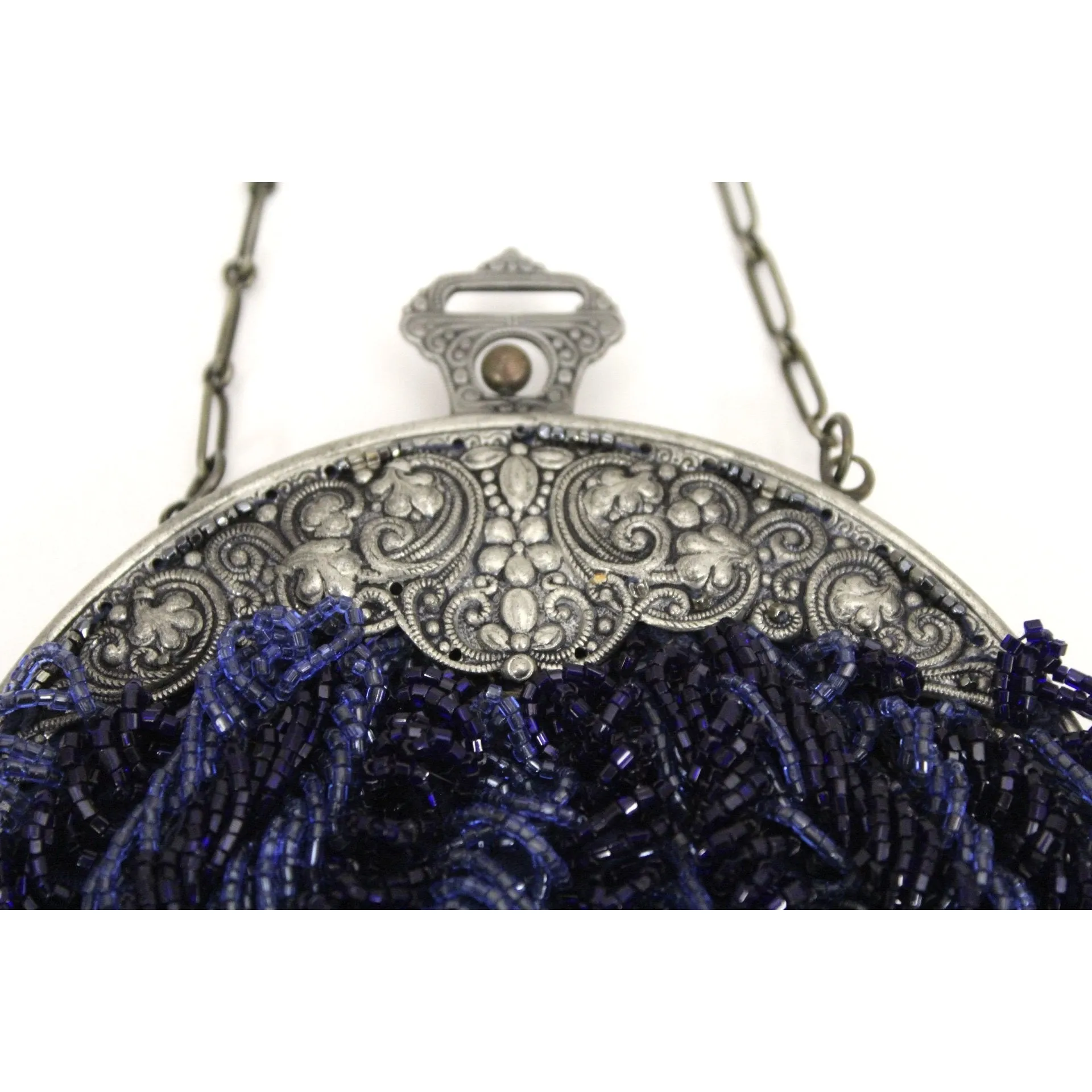Antique Beaded Round Purse Cobalt Blue Glass Beads Small Bag Ornate Silver Frame