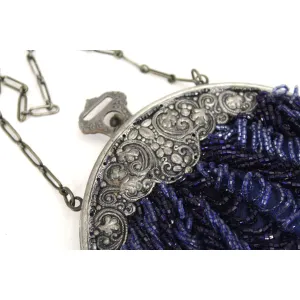 Antique Beaded Round Purse Cobalt Blue Glass Beads Small Bag Ornate Silver Frame