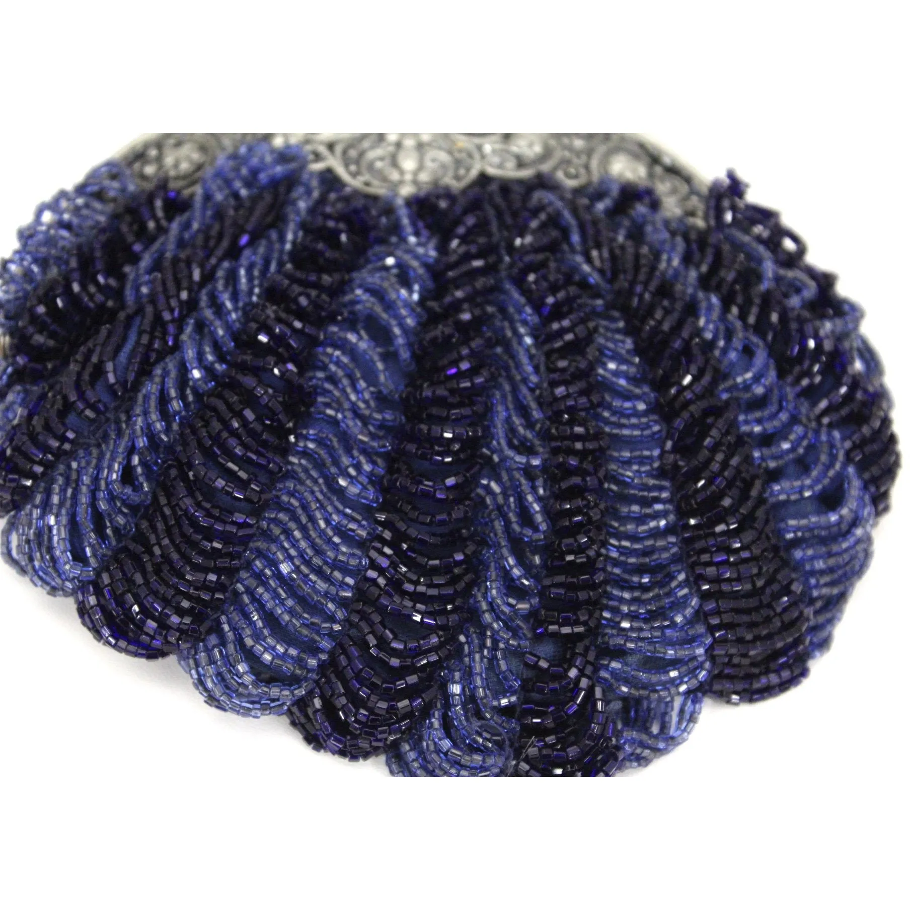 Antique Beaded Round Purse Cobalt Blue Glass Beads Small Bag Ornate Silver Frame
