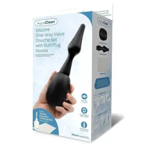 AquaClean Silicone 1-Way Valve Douche Set with Butt Plug Nozzle - 150 ml Capacity with Free Travel Douche Included